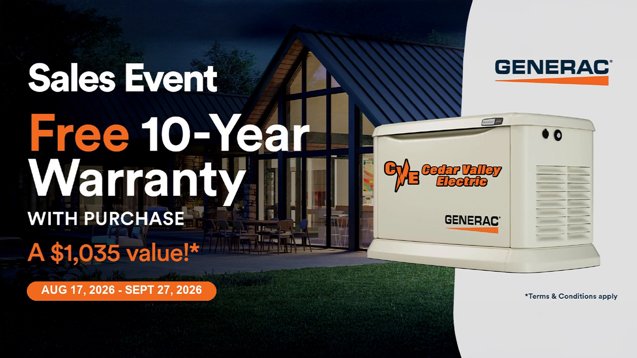 Generac sales event: free 10-year warranty with purchase, a $1,035 value, August 17 through September 27, 2026